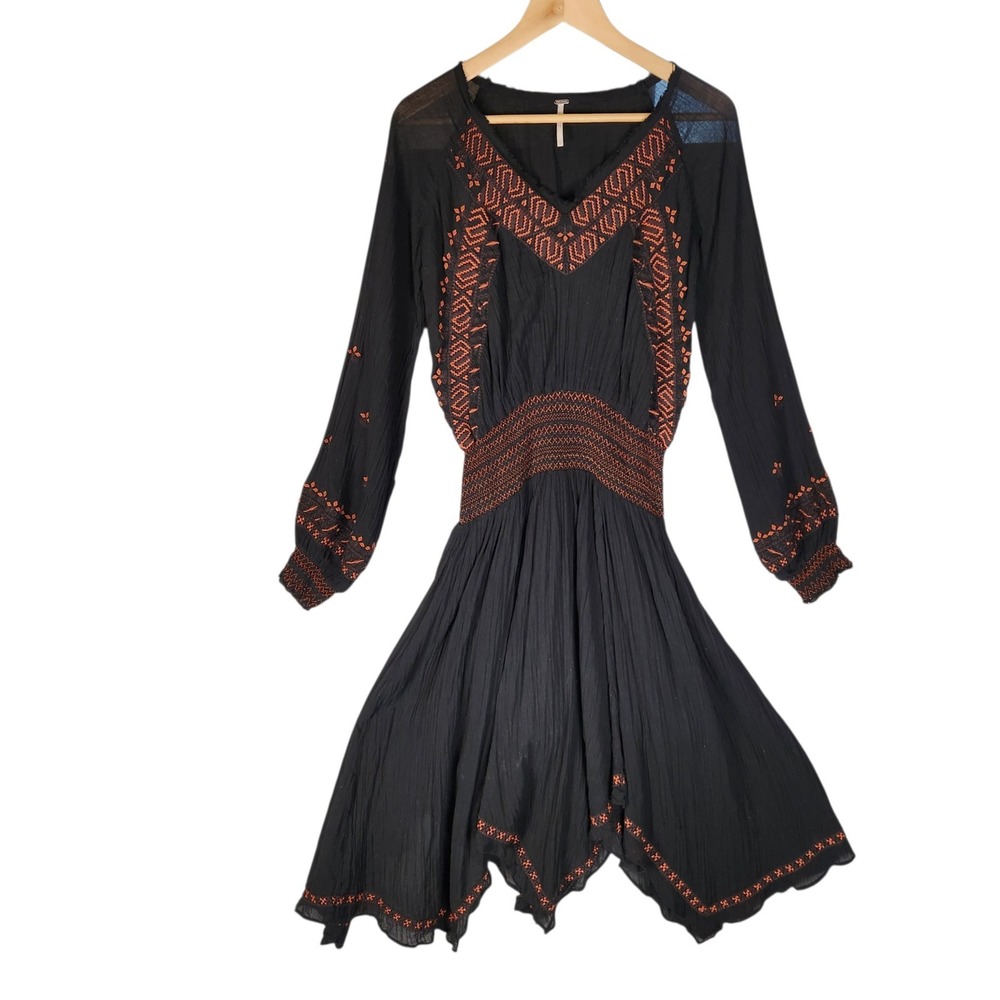 Free People Midi Dress XS Black Orange Embroidered Smocked Asymmetric Whimsigoth